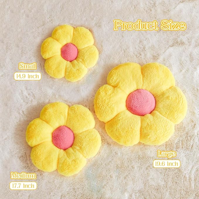 Kcvvcr Flower Pillow Cute Decorative Throw Pillow with Faux Rabbit Fur Soft Daisy Plush Floor Cushion Aesthetic Flower Shaped Pillow Home Decor for Bed Sofa Couch (Yellow 19.6 Inch)