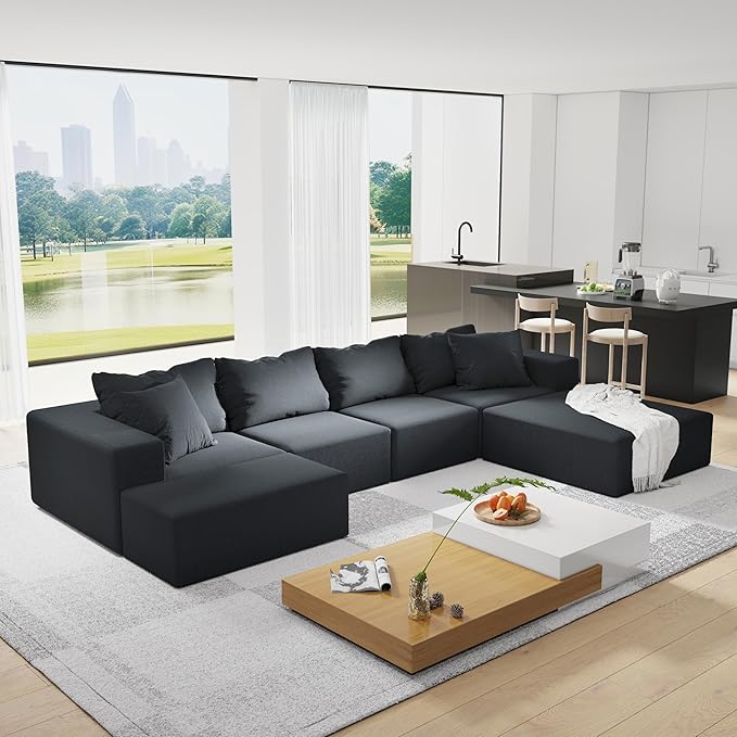 KEIKI Sectional Sofa Couch Set, Modular 132" L Shaped Couch Set with 6 Pillows, Free Combination Upholstered Sofa Couch for Living Room, Bedroom, Black