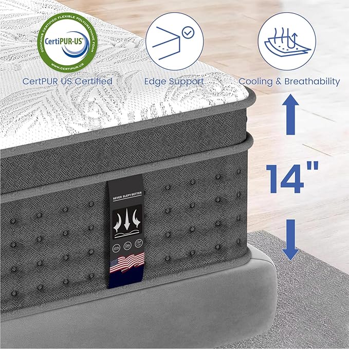 Queen Mattress 14" Hybrid Mattress - Medium-Plush Support - Made in USA - Individually Pocketed Coils & CertiPUR-US Foam - Fiberglass-Free - Bed in a Box