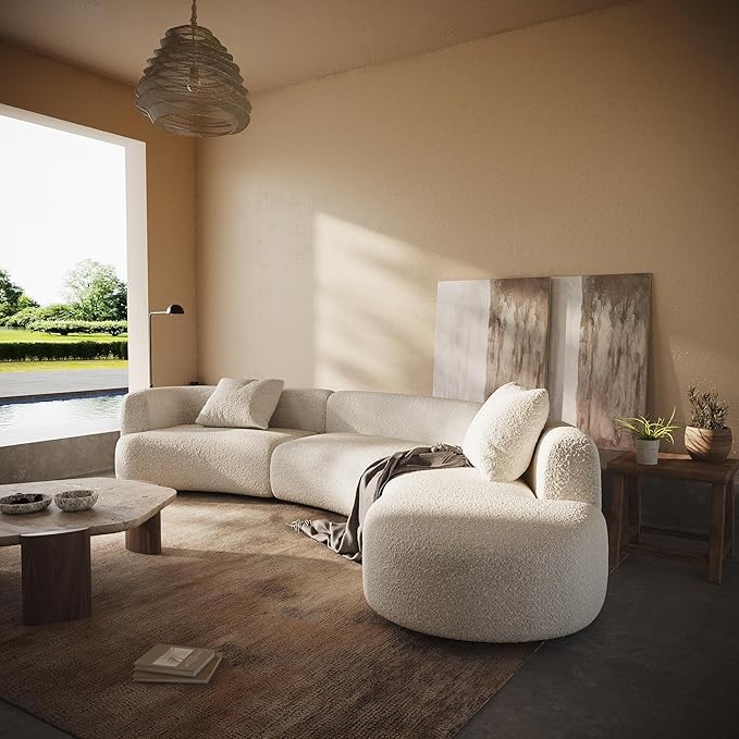 Acanva Modern Curved Sectional Living Room Couch, Minimalist Comfy Boucle Fabric Modular Sofa for Apartment, Home Office, 153" W Right Hand Facing, White