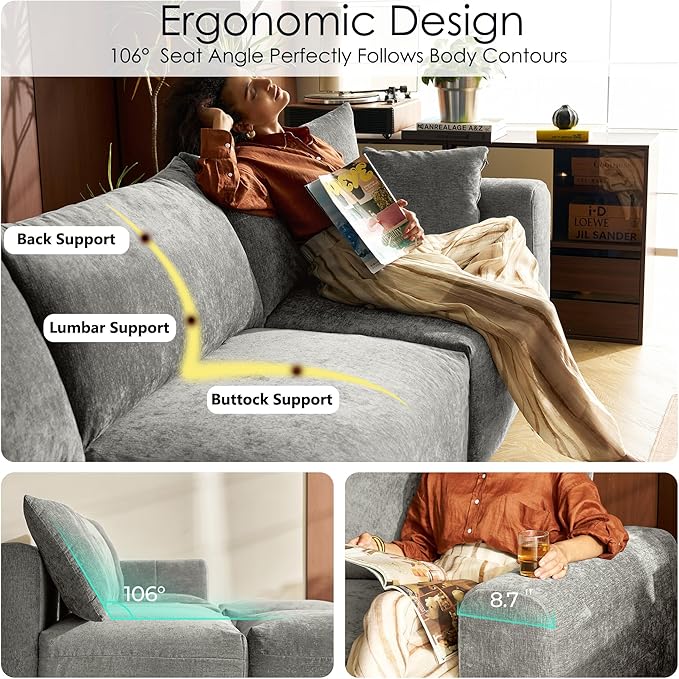LINSY HOME Cloud Couch Sectional, Modular Sofa Sectionals for Living Room Bedroom, 91" U Shape Love Seat Couch with Ottoman, 2 Seater Deep Seat Cozy Couch Luxury Chenille Sofas, Grey