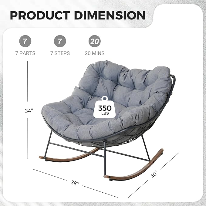 Grand patio Outdoor Rocking Chair, Oversized Papasan Rocking Chair with Thick Cushion, Indoor Outdoor Cozy Rocker for Balcony, Living Room, Patio, Gray - Image 2