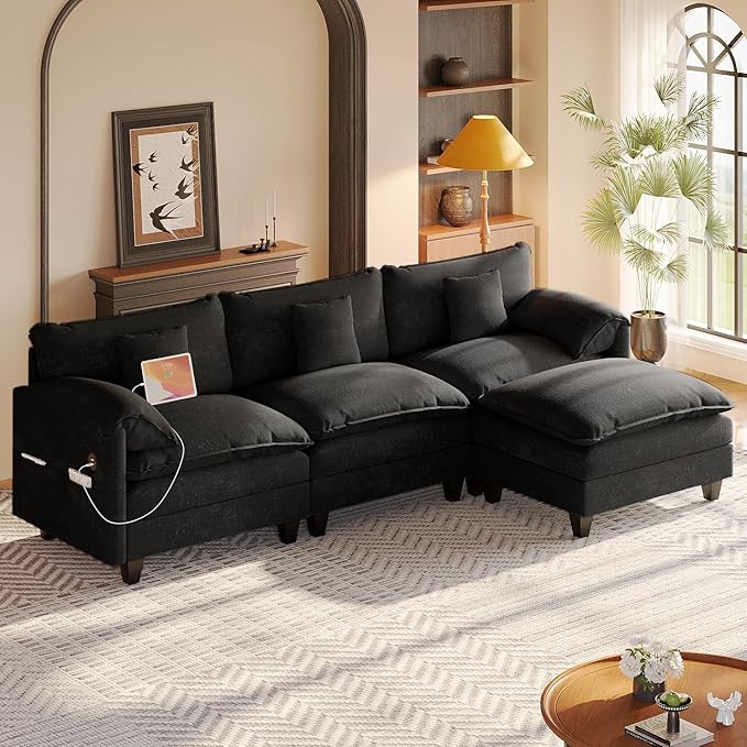 Modular Sectional Sofa, 108” Comfy Cloud Couch with Movable Ottoman | Charging Station | Side Pocket | Throw Pillow, Modern L-Shaped Couches for Living Room, Chenille, Charcoal Black