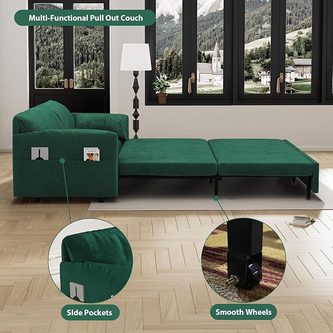 Ball & Cast 63.8" Pull Out Sofa Bed, 3-in-1 Convertible Sleeper Sofa with Side Storage Pockets,Multi-Functional Velvet Loveseat Bed for Living Room,Bedroom,Apartment,Office,Green