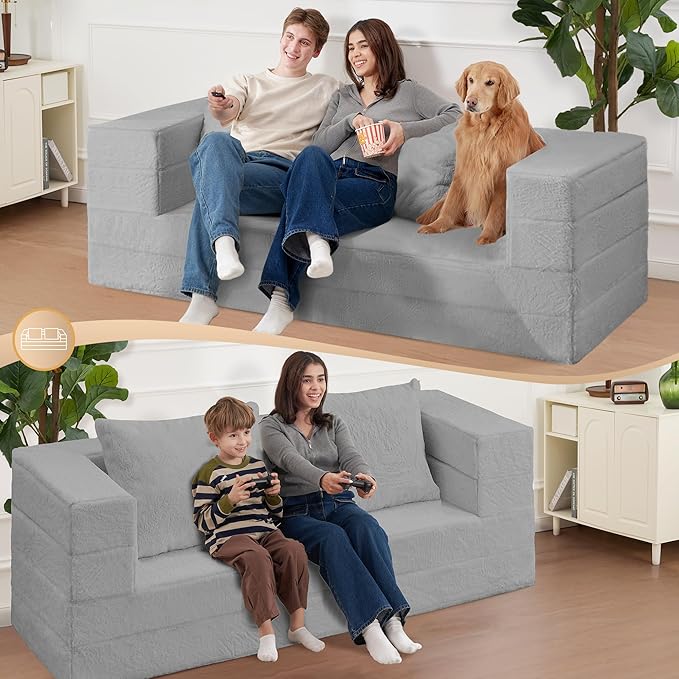Futon Sofa Bed with Pillow, 3-in-1 Sleeper Sofa Bed with Removable Cover, Convertible Floor Sofa Bed, No Assembly Boneless Couch for Living Room, Bedroom