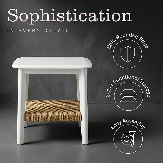 Alaterre Furniture Calais 2-Tier Small End Table with Woven Storage Shelf – Set of 2 Mid Century Modern Wooden Nightstand or Side Table for Small Spaces, Living Room & Bedroom (White) - Image 7