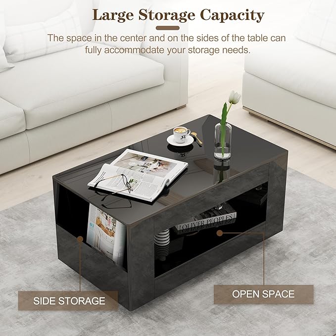 High Gloss Wood Coffee Table for Living Room, Sides Storage with Transparent Legs, Modern 2-Tier Storage Shelf Center Table for Home Office, Apartment, Black
