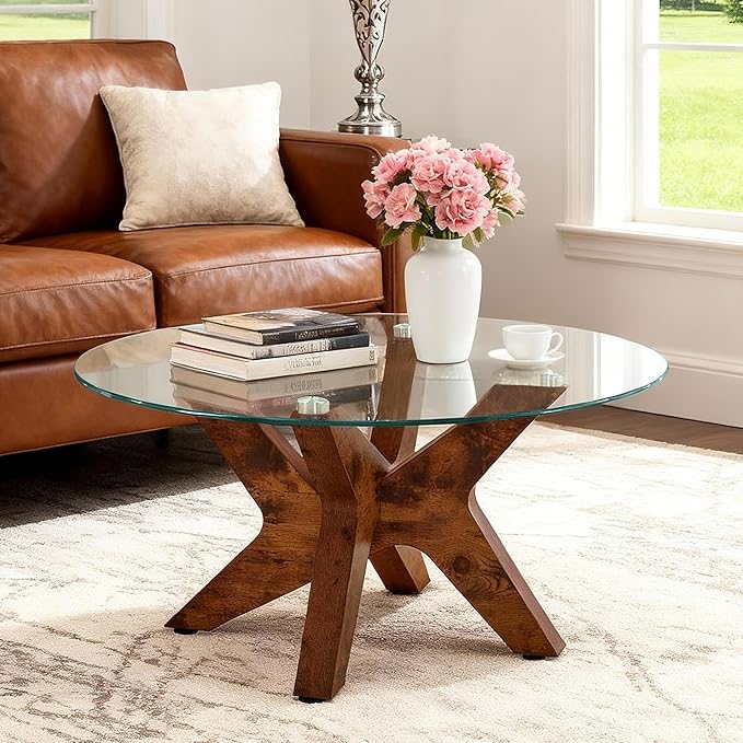 ivinta Round Glass Coffee Table, 31.5" Modern Center Table with Tempered Glass and MDF Legs for Living Room, Office, Tree (Rustic Brown)