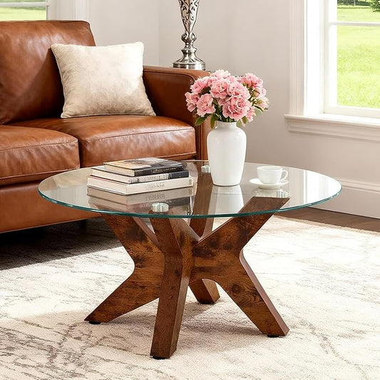 ivinta Round Glass Coffee Table, 31.5" Modern Center Table with Tempered Glass and MDF Legs for Living Room, Office, Tree (Rustic Brown)
