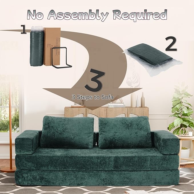 Convertible Sofa Bed, 4-in-1 DIY Combination Boneless Sleeper Sofa Bed with Pillows, Comfy Modular Couch with Fixed-Shape Frame, Chenille Convertible Lounge Couch for Living Room, Green