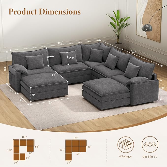 Vesgantti 101" V-Shaped Corner Couch Sectional, 7 Seat Customizable Modular Cloud Couches with Movable Ottoman, Chenille Deep Seat Sofa Set with Chaise for Living Room, Bedroom and Apartment, Gray