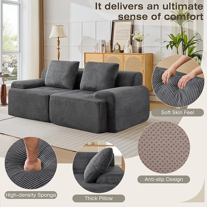 Modular Sectional Sofa, Boneless Couches for Living Room, Corduroy Couch, Big Comfy Couch, Modular Cloud Sofa with Deep Seat (Grey, 2 Pieces-Loveseat)