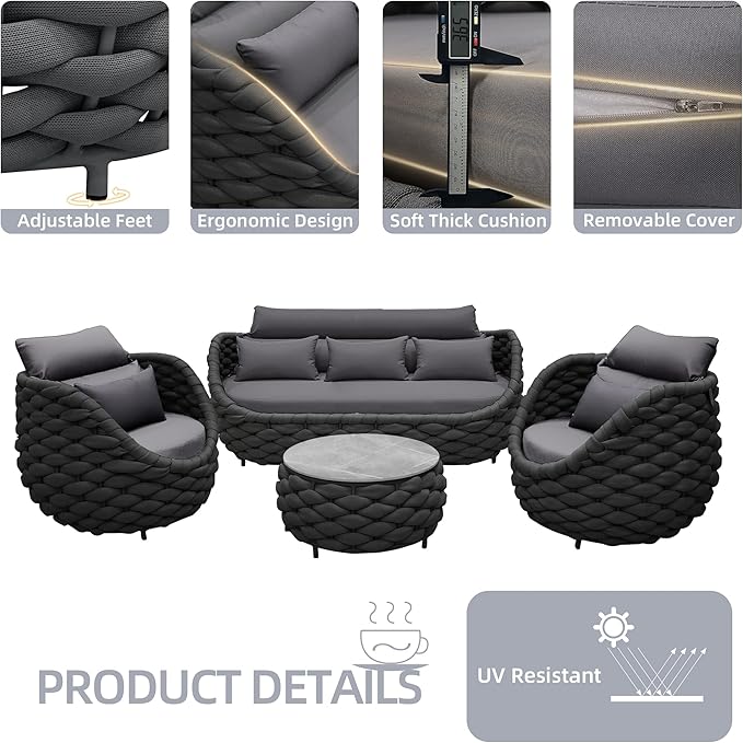 TWT 6-Piece Aluminum Patio Furniture Set, Modern Outdoor Conversation Set Sectional Sofa with Water Repellent Thick Cushions and Coffee Table for Balcony, Garden