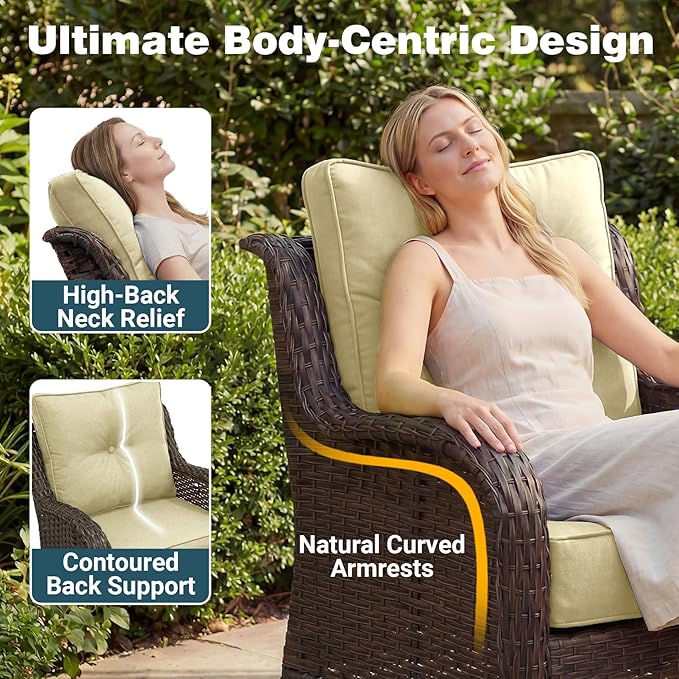 Patio Furniture Set, 3PCS Outdoor Wicker Conversation Set with 6" Thick Cushions, High Back Swivel Rocker Chairs, Weather Resistant Olefin Fabric for Garden, Poolside, Beige