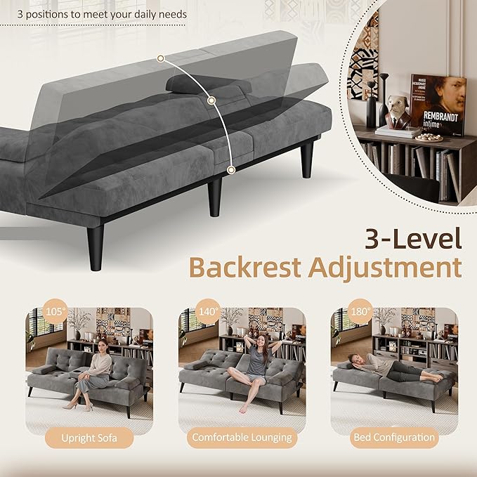 Shintenchi Futon Sofa Bed, Velvet Foldable Couch, Reclining Sleeper with Removable Armrests, Upholstered Loveseat Sofa Couch with Folding Cup Holders for Home, Office, Dark Gray