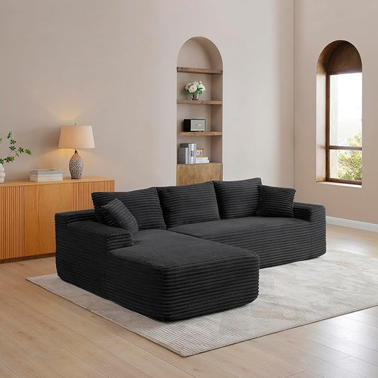 105-Inch L-Shaped Left Facing Corner Compressed Sofa Modular Sectional Boneless Cloud Sofa Floor Foam Couch with Chaise Lounge, Corduroy Corner Boneless Cloud Couch