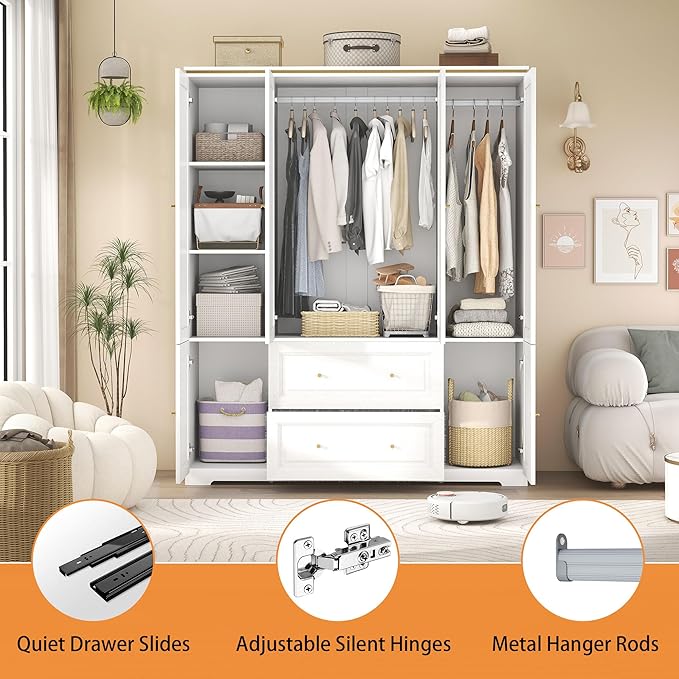 White Armoire Wardrobe Closet with Drawers: Wardrobe Closet for Hanging Clothes, Modern Bedroom Armoires with Hanging Rod, Wardrobes Closets with 4 Doors and Shelves (White, 59")