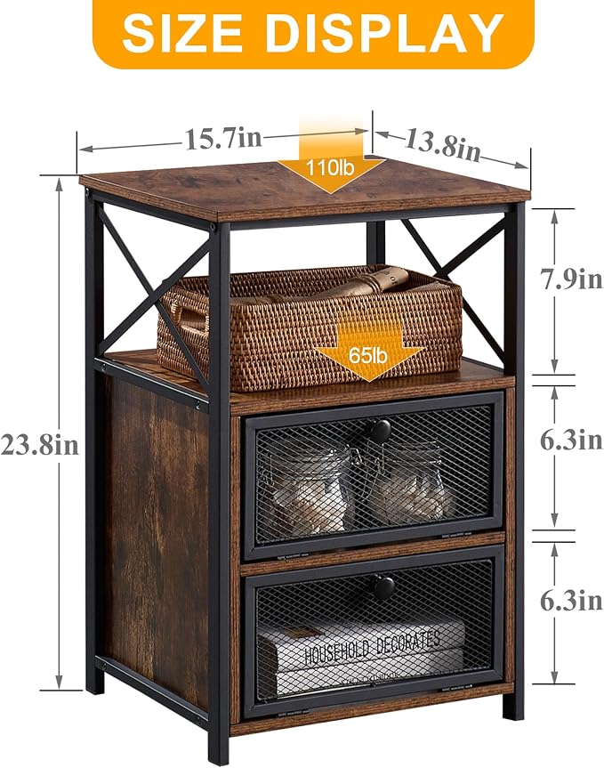 VECELO End Table with flip Drawer and X-Design Side, Modern Style and studry Nightstand for Bedroom Office, Easy Assembly,Set of 2,Retro Brown - Image 2