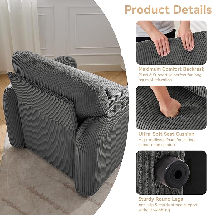 WUTUTUEE Corduroy Fabric Accent Chair, Modern Upholstered Living Room Chairs with Lumbar Pillow, Wide Comfy Leisure Armchair for Bedroom, Office, Reading, Grey