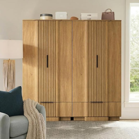 Brafab 67" Fluted Armoire Wardrobe Closet Set of 2 with Drawers and Doors, Wooden Wardrobe Cabinet with Adjustable Shelves, Modern Storage for Clothes, Coats for Bedroom,Natural Wood(2 pcs)