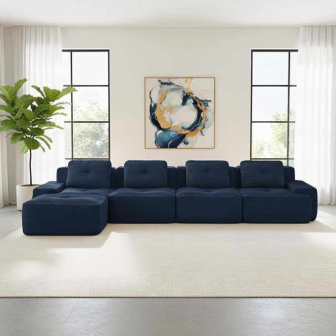 Casaphoria 150'' Corduroy Cloud Couch, 4-Seat L-Shaped Sectional Sofa with 4 Pillows & Ottoman for Living Room, Deep Seat Boneless Couch for Modern Apartment, No Assembly Required, Blue