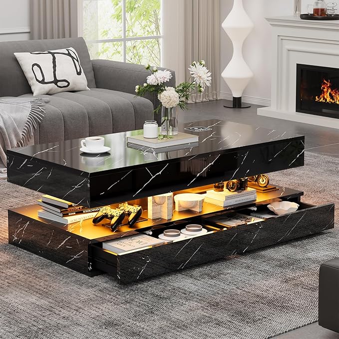 47" Modern LED Coffee Table with 2 Drawers, High Glossy Double-Layer Center Table with Wireless Charging and Built-in Bluetooth Speaker Smart Table for Living Room with Marbling