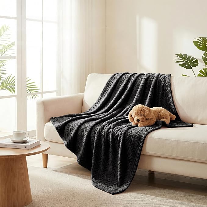 Exclusivo Mezcla Fleece Throw Blanket for Couch, Cozy Lightweight Blankets for All Season, Decorative Giftable Fuzzy Plush Wave Textured Throws for Women, Men, Black, 50x70 Inches
