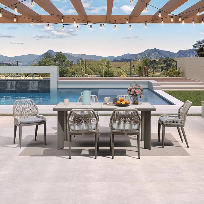 PURPLE LEAF 7 Pieces Patio Dining Set Aluminum Rectangular Table and Wicker Chairs with Cushions for Kitchen Porch Garden Modern Outdoor Furniture Sets, Light Grey - Image 2