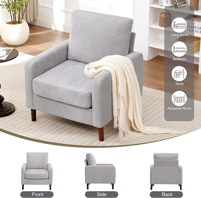 Accent Chair for Living Room, Modern Reading Chair for Bedroom, Upholstered Armchair with Wood Legs and Side Pockets, Single Sofa Side Chair for Office, Small Room, Apartment, Light Grey