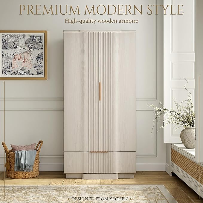 Yechen 67" Fluted Armoire Wardrobe Closet Set of 2 with Doors and Drawer, Wooden Wardrobe Closet Cabinet with Adjustable Shelve, Modern Small Armoires Storage Clothes, Coats for Bedroom, White, 2pcs