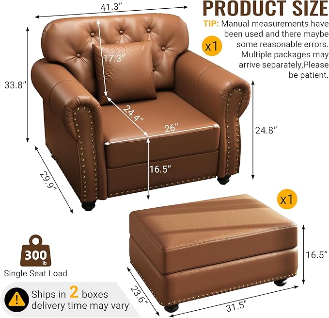 KEIKI 41" Faux Leather Chesterfield Sofa with Rolled Arms & Nailhead Trim & 1 Ottoman, 1-Seater Button Tufted Couch with High Resilience Cushion & 1 Pillow, Easy Assembly, for Living Room, Brown