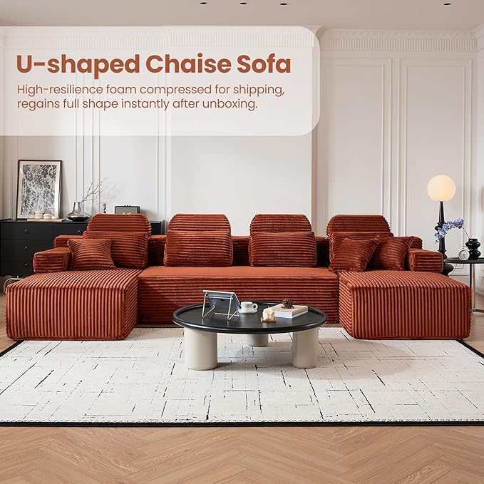 141" U-Shaped Cloud Modular Sectional Sofa with Chaise & Headrest, Boneless Deep Seat Plush Corduroy Couches for Large Living Room, No Assembly Required (Orange, 141" U-shapred Chaise)