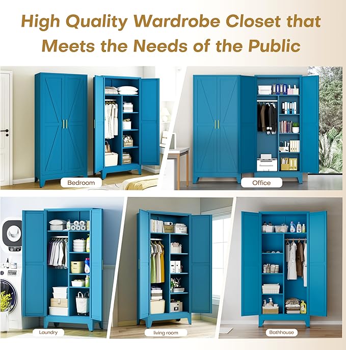 71" Armoire Wardrobe Closet with Hanging Rod & Adjustable Shelves, 2 Doors Blue Armoire Wardrobe Closet, Metal Clothing Storage Wardrobe Cabinet for Bedroom, Laundry Room, Office