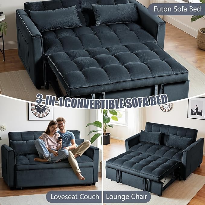 3 in 1 Sleeper Sofa Bed, Pull Out Couch, Convertible Futon Loveseat with krest, Dinotefuran Living Room Chaise Lounr Home Apartment Office, Black