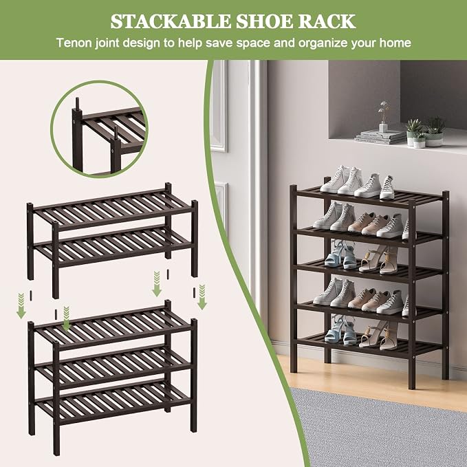 ROMGUAR CRAFT 3 Tier (Thick) Bamboo Shoe Rack for Closet Free Standing Wood Shoe Shelf for Entryway Small Space Stackable 27"x12"x21" (Black Brown) - Image 4