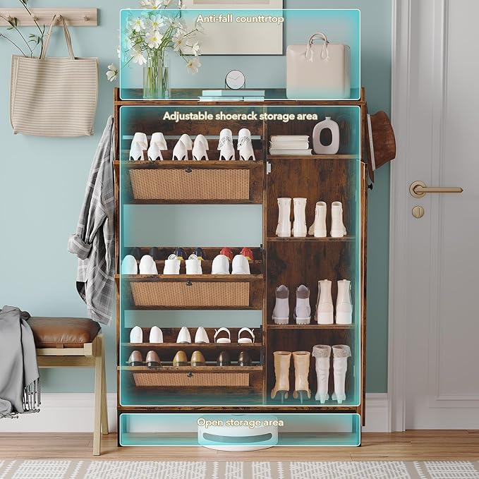 GarveeLife 3-Tier Rattan Shoe Cabinet with Flip Drawers, Adjustable Shelves and Narrow Storage Design, Perfect for Entryways, Hallways, and Bedroom Organization in Wood