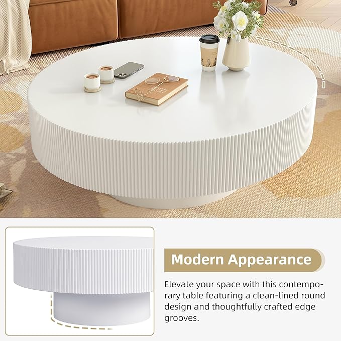 Merax Modern 35.4 Inch Round Large Coffee Table with Sturdy Base, Wood Center Table with 6.8" Thick Tabletop for Living Room Reception Room, Easy Assemble, White
