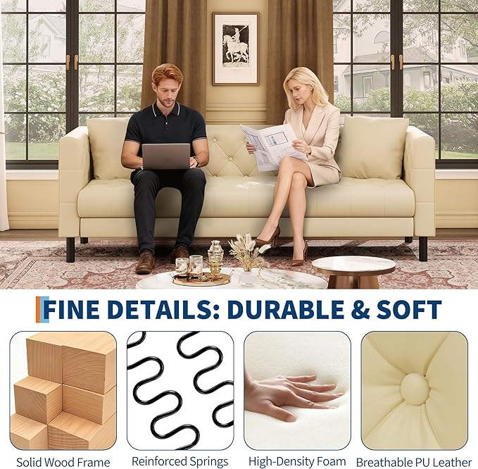 IDEALHOUSE Mid Century Modern Sofa 81 inch, Faux Leather Sofa 3 Seater, Apartment Sofa for Living Room, Chesterfield Tufted Couch with Deep Seats and 2 Pillows, Sectional Style Couch, Beige