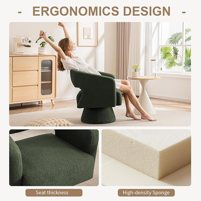 ClinQ Swivel Barrel Accent Chair, Oversized Teddy Upholstered Round Swivel Chairs Set of 2, Modern Luxury 360° Living Room Vanity Chair for Bedroom Office&Living Room, Green