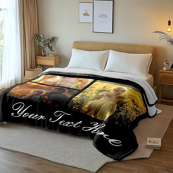 Custom Blanket with Pictures Text, Personalized Photo Blanket for Christmas Birthday, Customized Gifts for Mom Dad Kids Husband Wife Boyfriend Girlfriend Couple Friend Family