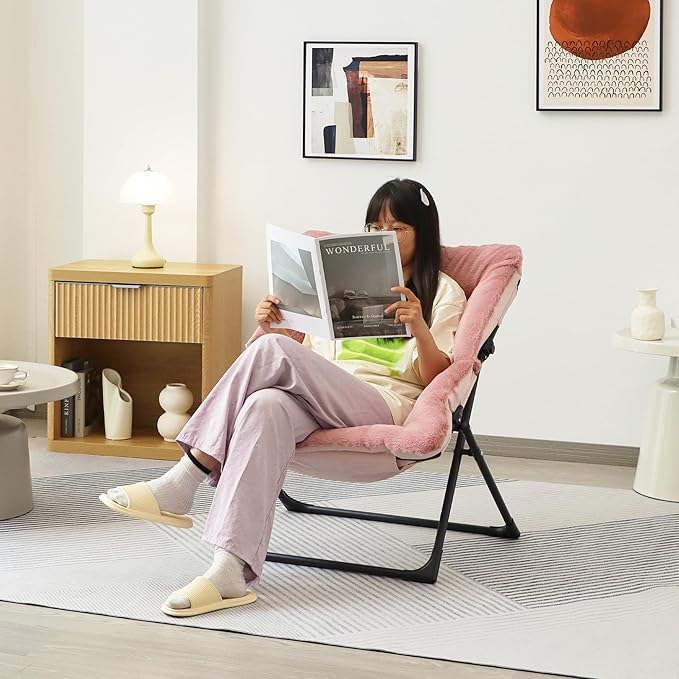 Comfy Saucer Chair for Adults, Soft Faux Fur Bedroom Chair, Accent Dorm Chairs, Flexible Living Room Reading Chairs, Oversized Folding Seat for Teens, X-Large, Dusky Pink