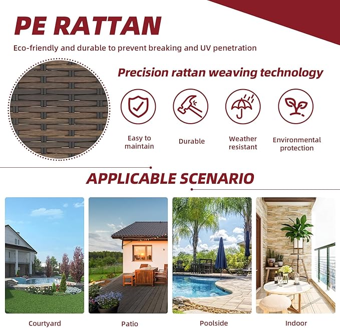 EROMMY 3 Pieces Patio Furniture Set, Outdoor Swivel Rocker Patio Chairs, Wicker Patio Bistro Set with Rocking Chair, Thickened Cushions and Glass Coffee Table for Backyard, Garden, Wine Red