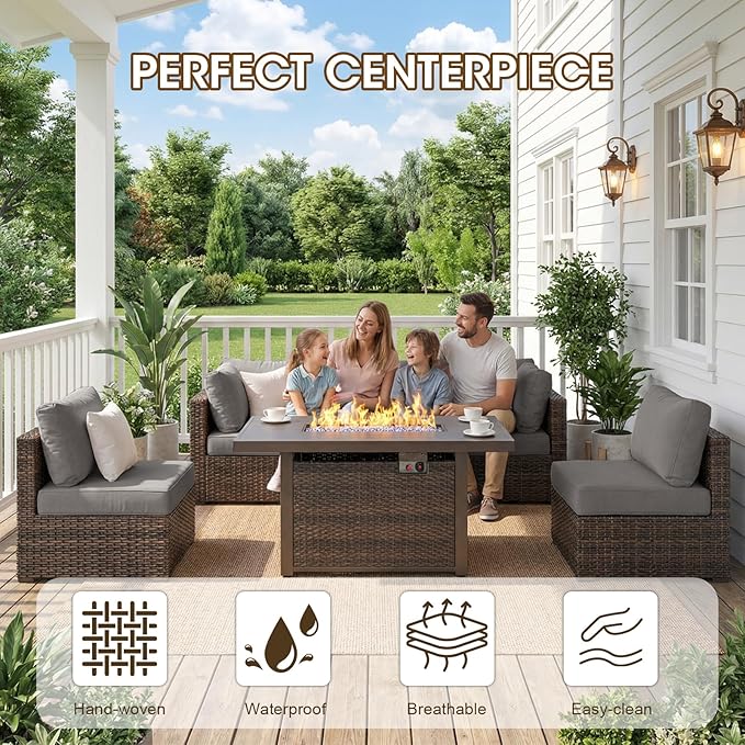 7 Piece Patio Furniture Set with 44" Fire Pit Table, Outdoor Sectional Couch, PE Rattan Patio Conversation Sets with 4inch Cushions for Backyard Grey (GY)