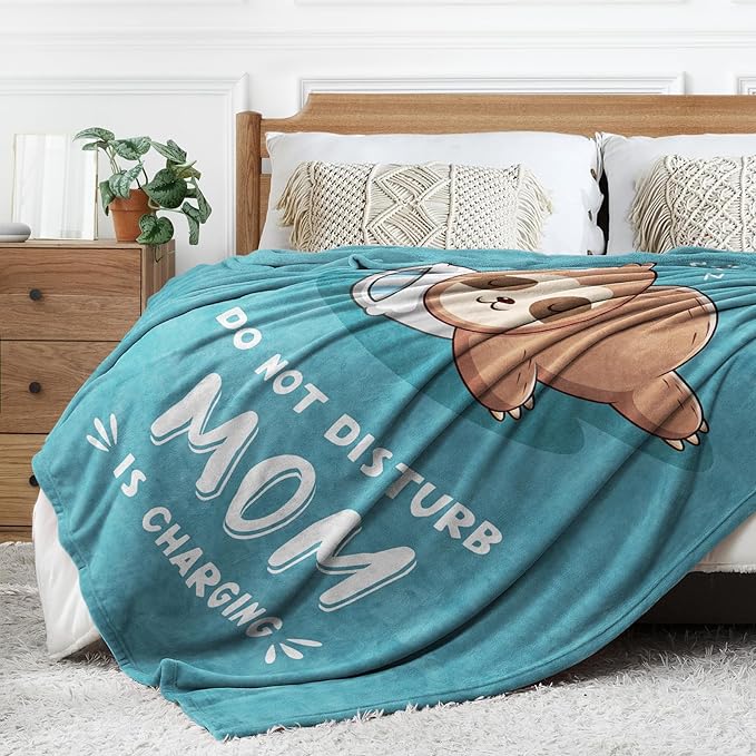 Funny Gifts for Mom Mothers Day, Mom is Charging Sloth Blanket, Birthday Gifts for Moms from Daguther Son, Moms Gift for Christmas, Soft Sloth Throws Blanket for Mother, Cyan, 60" x 50"
