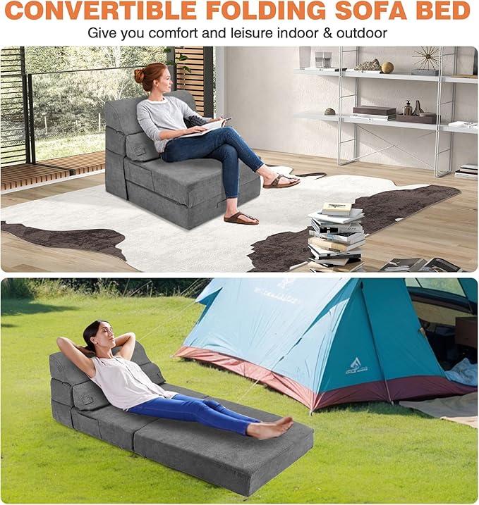 Comfy Foldable Sofa Bed - Folding Single Sofa Bed for Adults, Convertible Sleeper Sofa Fold Out Sleeper Chair Couch for Living Room Bedroom Guest, Floor Chair Lounger Mattress with Back Support