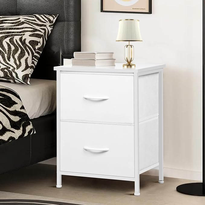 LOFTEY White Nightstand, Bedside Table with 2 Fabric Drawers, Small Kids Night Stand for Bedroom, Bed Side Table with Storage, 15.7" L x 11.8" W x 21" H by LOFTEY