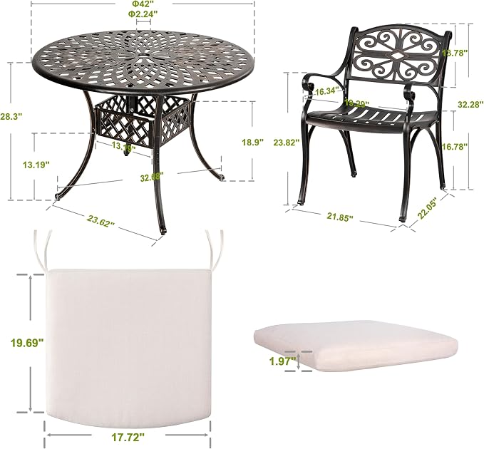 NUU GARDEN 5 Piece Cast Aluminum Outdoor Patio Dining Set, Round Patio Dining Table with 2.24" Umbrella Hole and 4 Patio Dining Chairs with Cushions for Garden, Balcony, Bronze and Beige - Image 6