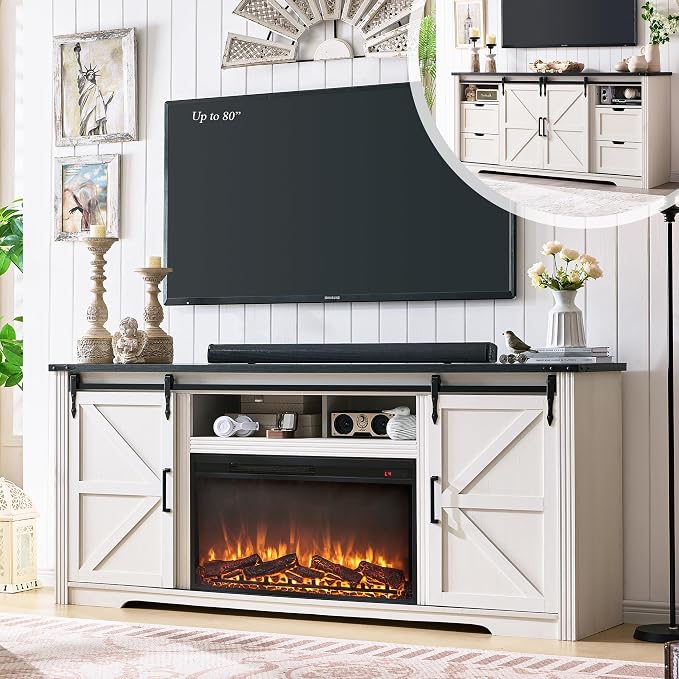 JXQTLINGMU Farmhouse Fireplace TV Stand for 80 Inch TV, 32" Tall Entertainment Center w/Drawer & Sliding Barn Door, 70 Inch Highboy Media Console for Living Room, Off White by JXQLINGMUFurniture