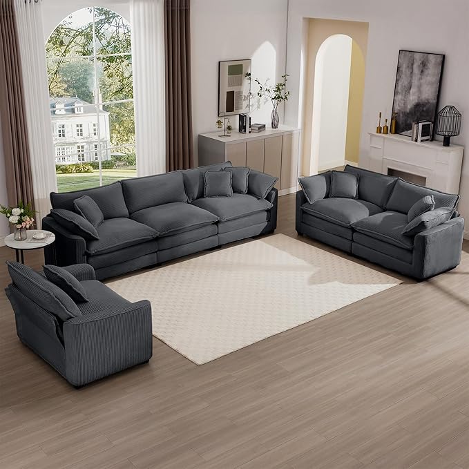 KEIKI 3-Piece Sofa Set with 1 Oversized Corduroy 3-Seater Sofa & 1 Loveseat & 1 Single Sofa, Upholstered 6-Seater Couch Set with 10 Pillow, High-Density Foam Cushions, for Living Room, Grey