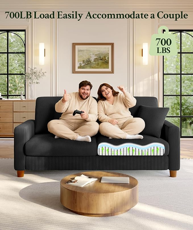 70.2" Couches for Living Room, Comfy Black Couch 7.1" Extra Thick Cushion, Sofas for Living Room Tool-Free Setup, Loveseat Sofa 705lbs Support, Corduroy Couch for Bedroom, Apartment, Office